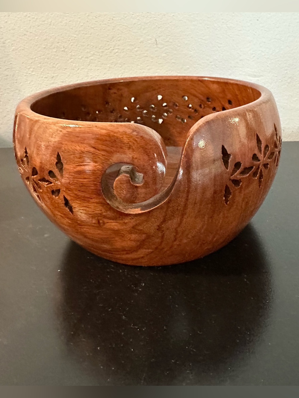 Handcrafted wooden yarn bowl. Rosewood, decorative cutouts, yarn crochet, crafts